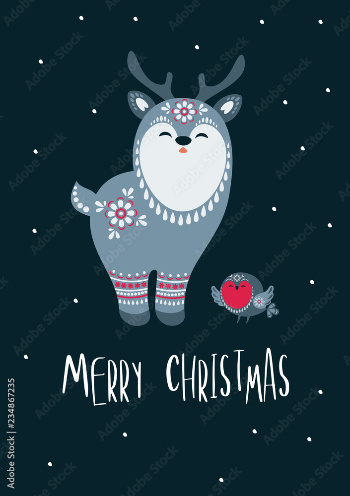 Christmas greeting card with cute reindeer. Vector background.