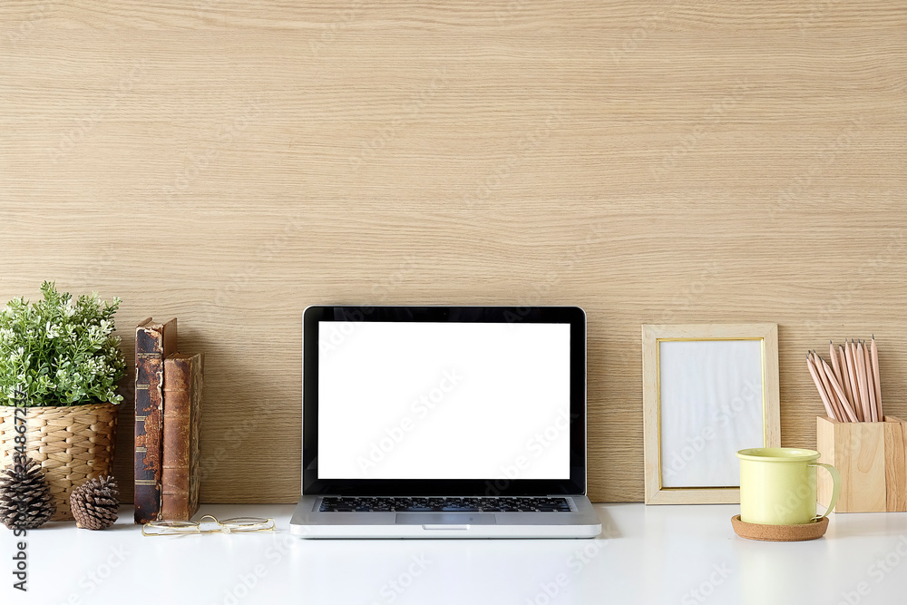 Office desk Work space stuff with notepad, laptop and coffee cup mouse notepad shot. Office desk Work space stuff with notepad, laptop and coffee cup mouse notepad shot.