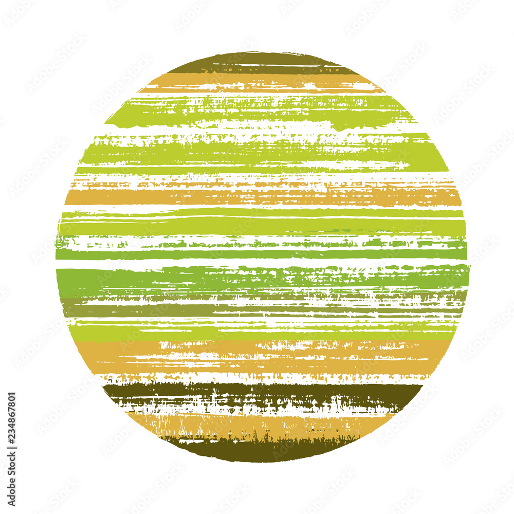 Circle vector geometric shape with striped texture of watercolor horizontal lines. Disk banner with old paint texture. Stamp round shape circle logo element with grunge background of stripes.