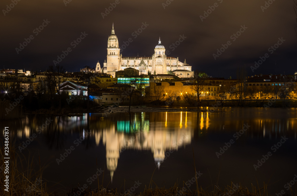 Cityscape at night with a cathedral illuminated and reflected in the river