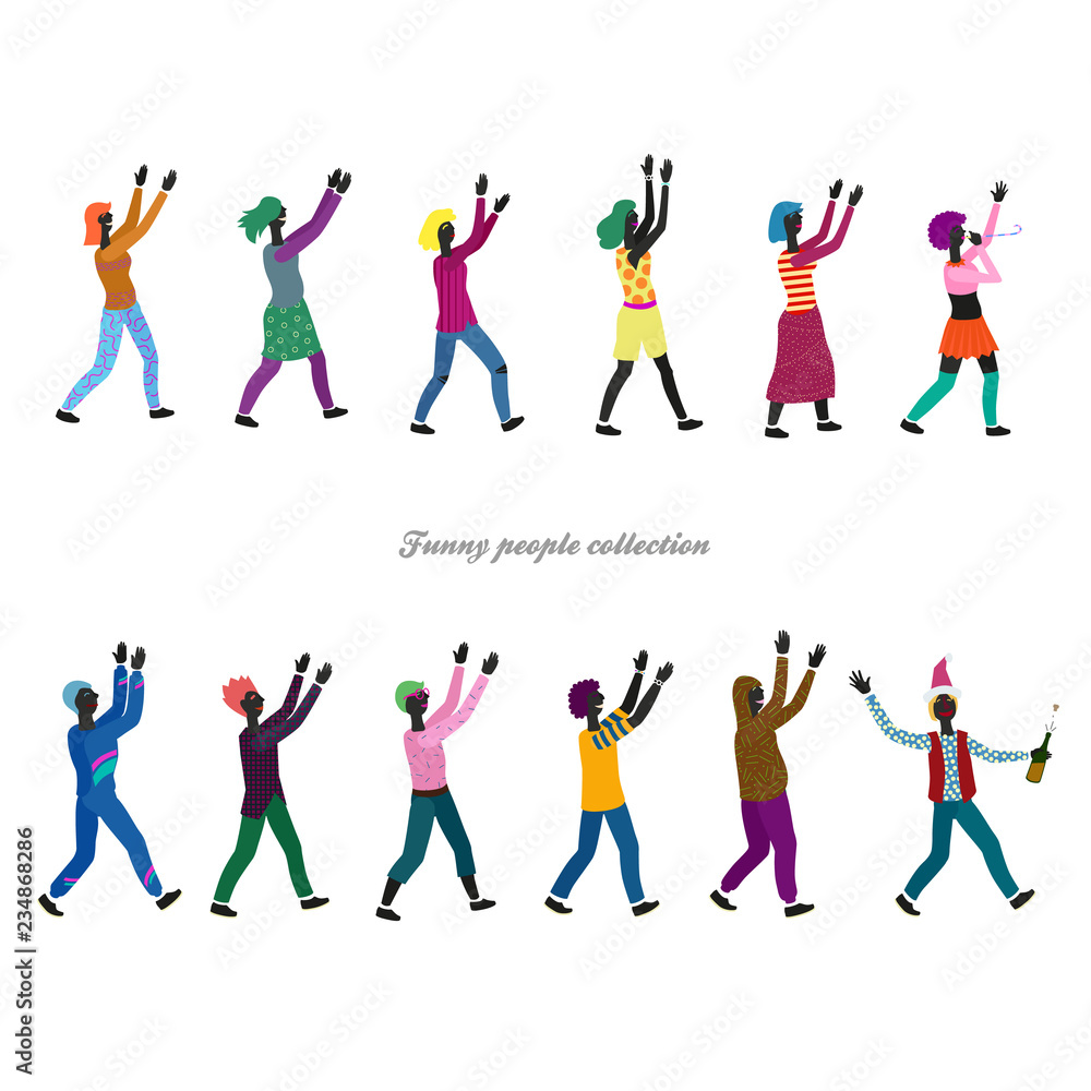 set of small festive stylized people clapping hands