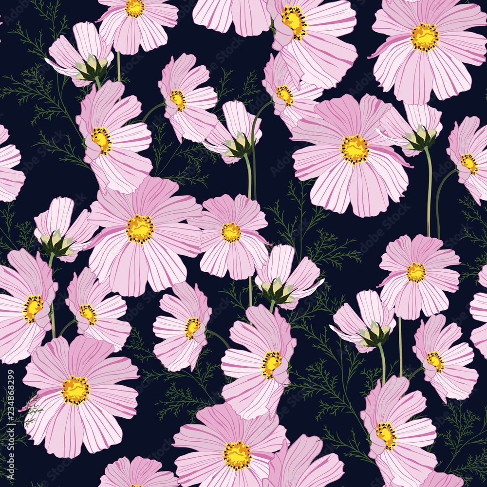 Seamless summer autumn pattern with pink flowers. Pattern for fashion, fabric and all prints on black background.
