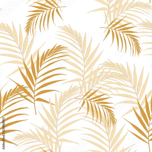 Tropical abstract yellow leaves seamless pattern with leaves. Beautiful tropical isolated leaves. Fashionable summer background with leaves for fabric, wallpaper, paper, covers. White background.