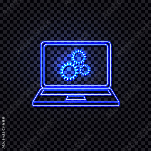Vector Shining Blue Laptop with Gears Icon on the Screen, Isolated Illustration.