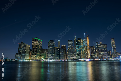 View of the city of New York and the bay. New York. Long light exposure. 