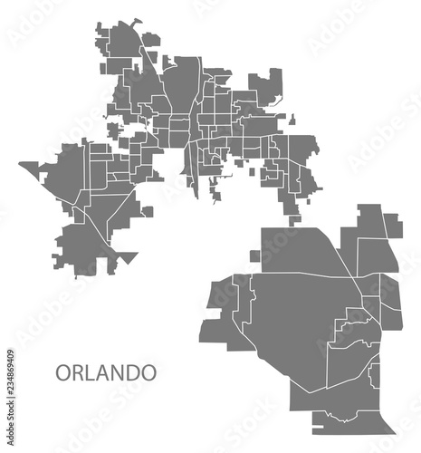 Orlando Florida city map with neighborhoods grey illustration silhouette shape