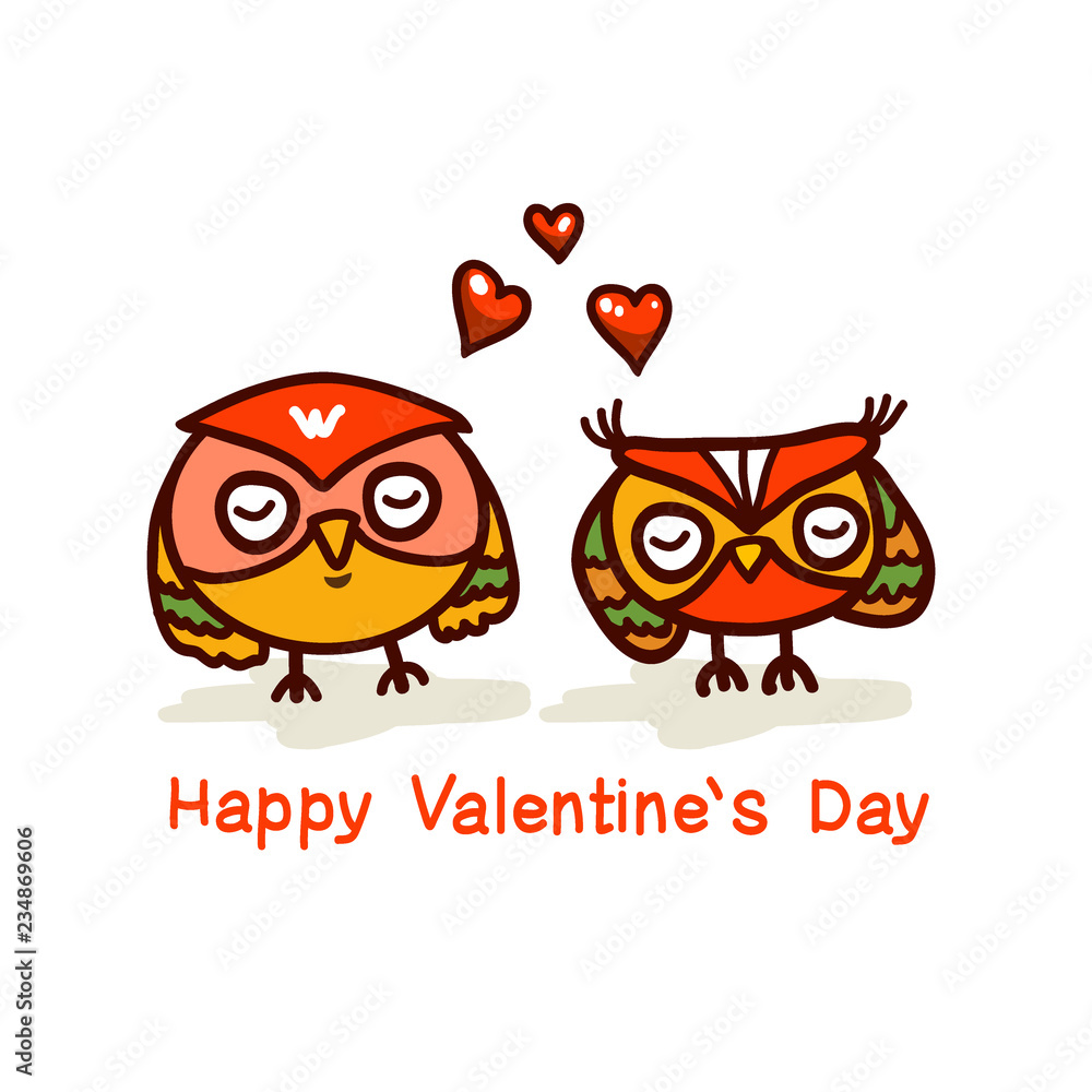 Obraz premium cute owls couple valentines day vector hand drawn illustration