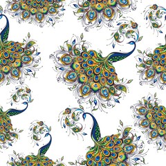 Acrylglasbilder Pfauenmuster Nahtloses Muster mit stilisiertem Pfau  © ksysha