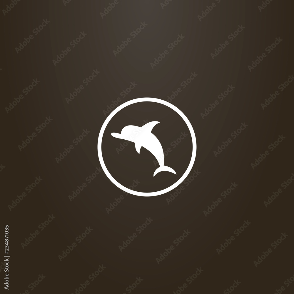 white sign on a black background. vector isolated sign of flat art dolphin in a round frame white sign on a black background. vector isolated sign of flat art dolphin in a round frame