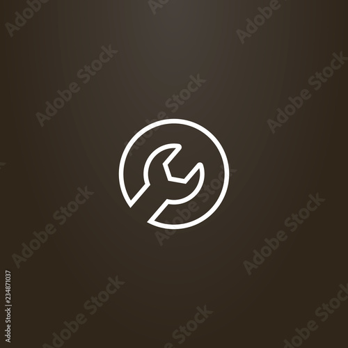white sign on a black background. vector isolated sign of line art wrench in a round frame
