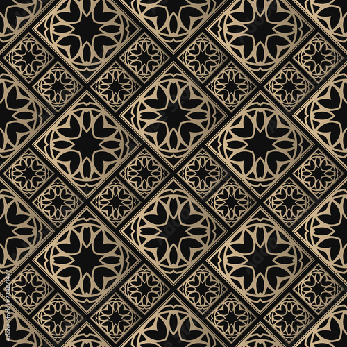 Seamless pattern oriental ornament. Black and golden textile print. Islamic vector design. Floral tiles.