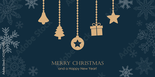christmas greeting card with snowflake border and hanging decoration bell fir gift star vector illustration EPS10