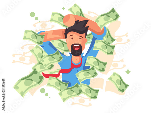 Rich smiling man bathing in money