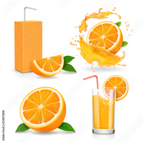 Orange juice splash or jam logotype. Juice package set realistic vector icon collection
