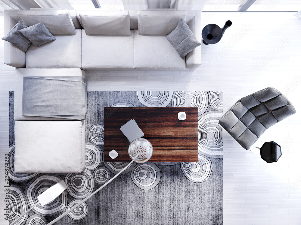 corner sofa top view with armchair and floor lamp in contemporary living.  ilustración de Stock | Adobe Stock