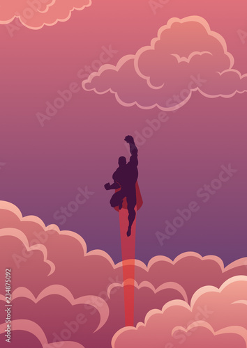 Cartoon illustration of powerful superhero flying across beautiful cloudscape.