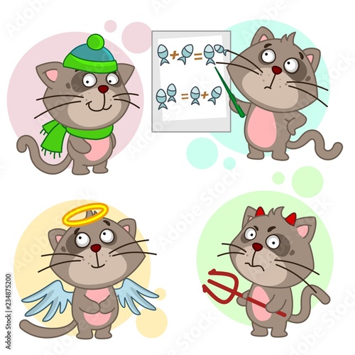 A set of cartoon icons with a cat for children and design, a cat is washed in the bathroom with a brush, a spaceman in a spacesuit with a star, a hunter caught a mouse, measures its height.