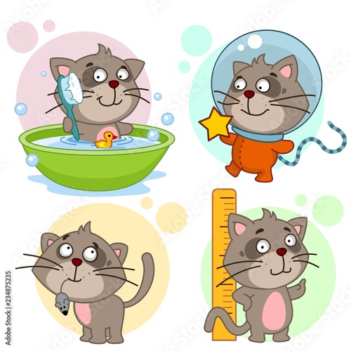 A set of cartoon icons with a cat for children and design, a cat is washed in the bathroom with a brush, a spaceman in a spacesuit with a star, a hunter caught a mouse, measures its height.