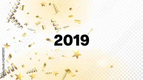 2019 Gold Confetti, Falling Stars, Streamers, Tinsel. Cool Sparkling Christmas, New Year, Birthday Party Holiday Garland. Horizontal Dotted Particles Background. Gold Confetti, Falling Down Stars.