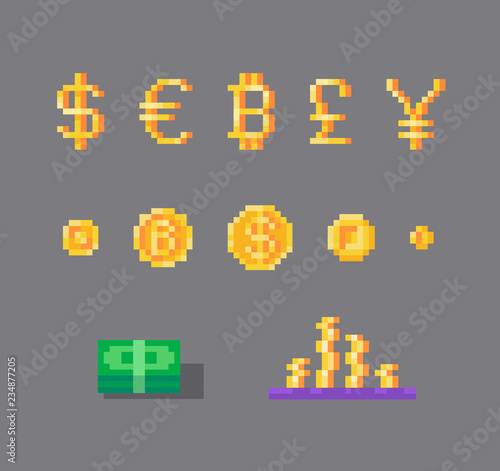 Set of currency symbols and coins.