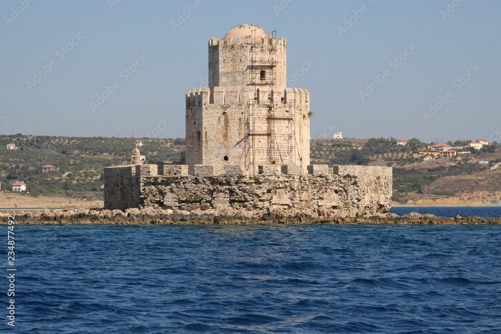Methoni castle with scaffolding in Peloponnese, Messenia, Greece.