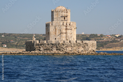 Methoni castle with scaffolding in Peloponnese, Messenia, Greece. © Mark Roper