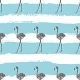 Hand drawn flamingo in pencil seamless pattern white blue background