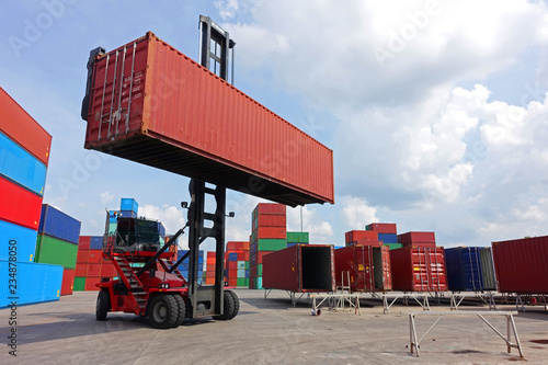 Top reach stacker is handling 40' high cube empty to put on repait bar yard in container depot service during day time.
