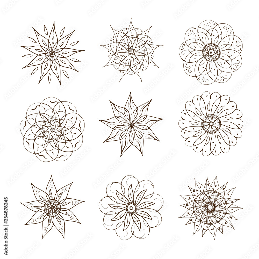 Obraz premium Flowers. Sign, symbol. Template. Semetrichny drawing. Doodle. Plain pattern on a white background. Set.