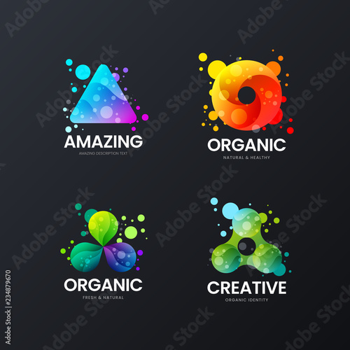 Creative abstract triangle organic vector corporate identity logo sign isolated on dark. Premium quality logotype emblem illustration set. Fashion colorful delta natural badge design layout bundle.