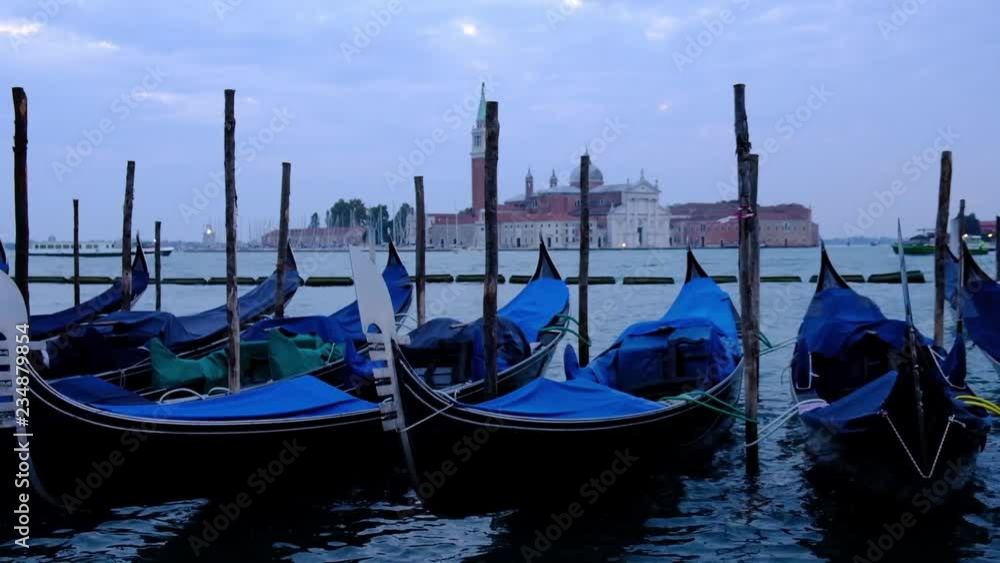 Close up video of moored gondolas on San Marco Square in Venice, Italy. Venice classical landmark Close up video of moored gondolas on San Marco Square in Venice, Italy. Venice classical landmark