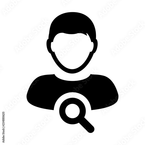 User search icon vector male person profile avatar symbol with magnifying glass in flat color glyph pictogram illustration