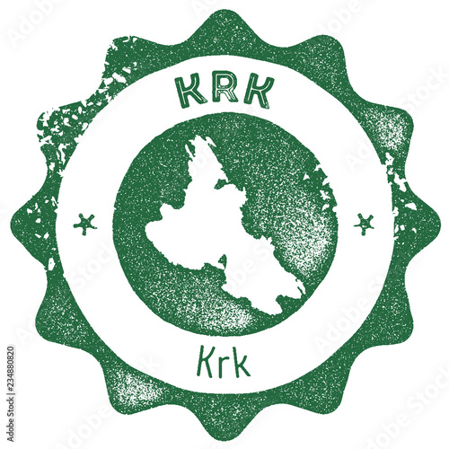 Krk map vintage stamp. Retro style handmade label, badge or element for travel souvenirs. Dark green rubber stamp with island map silhouette. Vector illustration.