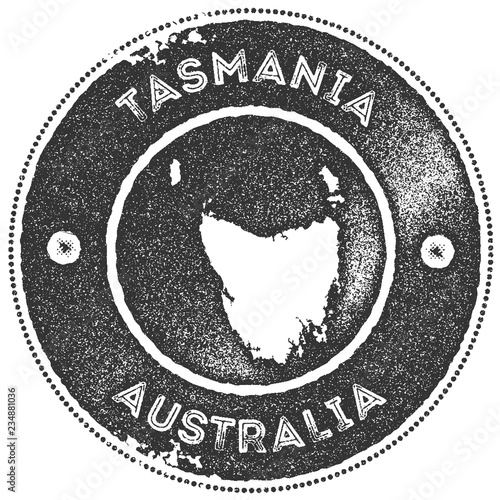 Tasmania map vintage stamp. Retro style handmade label, badge or element for travel souvenirs. Dark grey rubber stamp with island map silhouette. Vector illustration.