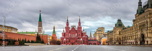 Panoramic view of the Red Square in Moscow, Russia, in early cloudy morning. Kremlin wall, the Mausoleum, Iberian gate and shapel, State Museum of History ang GUM.