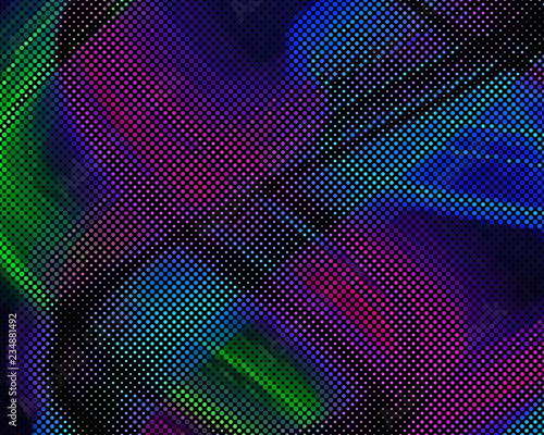 Bright dynamic background with wavy lines of circles, dots. Rounds of different scale neon color. Vector illustration.