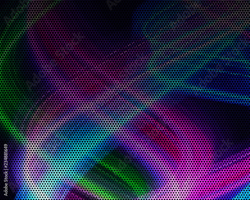 Bright dynamic background with wavy lines of circles, dots. Rounds of different scale neon color. Vector illustration.