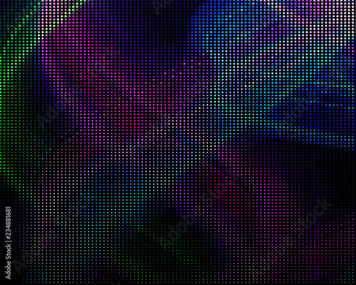 Bright dynamic background with wavy lines of circles, dots. Rounds of different scale neon color. Vector illustration.