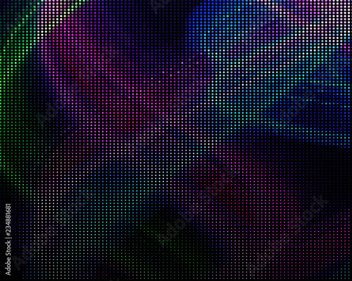 Bright dynamic background with wavy lines of circles, dots. Rounds of different scale neon color. Vector illustration.