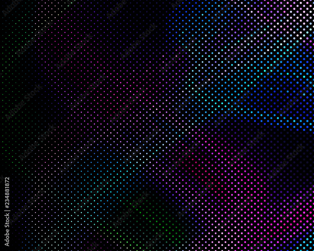 Bright dynamic background with wavy lines of circles, dots. Rounds of different scale neon color. Vector illustration.