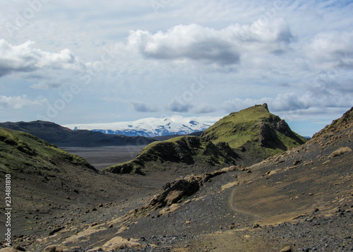 Landscape of Maelifellsandur volcanic black sand desert with Myrdalsjokull glacier and blue sky, summer in Highlands of Iceland photo