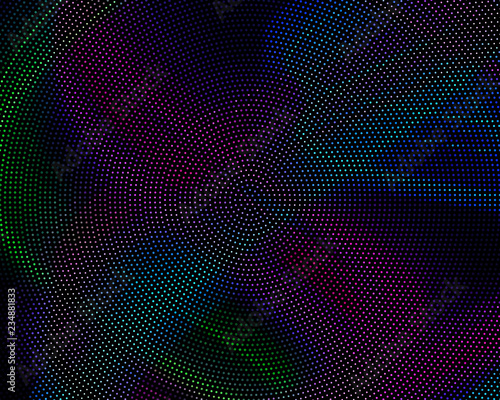 Bright dynamic background with wavy lines of circles, dots. Rounds of different scale neon color. Vector illustration.