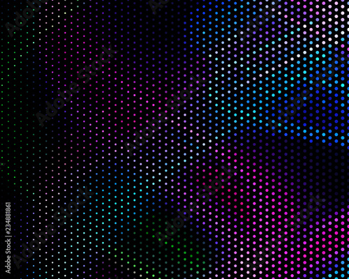 Bright dynamic background with wavy lines of circles, dots. Rounds of different scale neon color. Vector illustration.