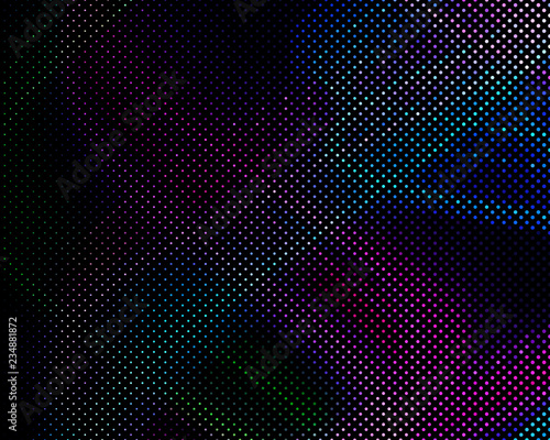 Bright dynamic background with wavy lines of circles, dots. Rounds of different scale neon color. Vector illustration.