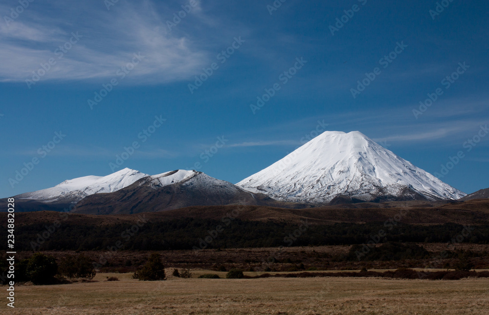 Tongariro and Ngauruhoe/Mount Doom in the North Island near Mount Ruapehu in New Zealand covered in snow