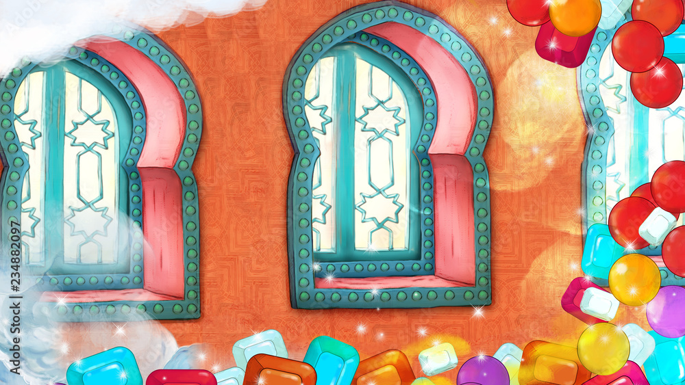 cartoon scene with medieval arabic room with treasure frame- far east ornaments - the stage for different usage - illustration for children cartoon scene with medieval arabic room with treasure frame- far east ornaments - the stage for different usage - illustration for children