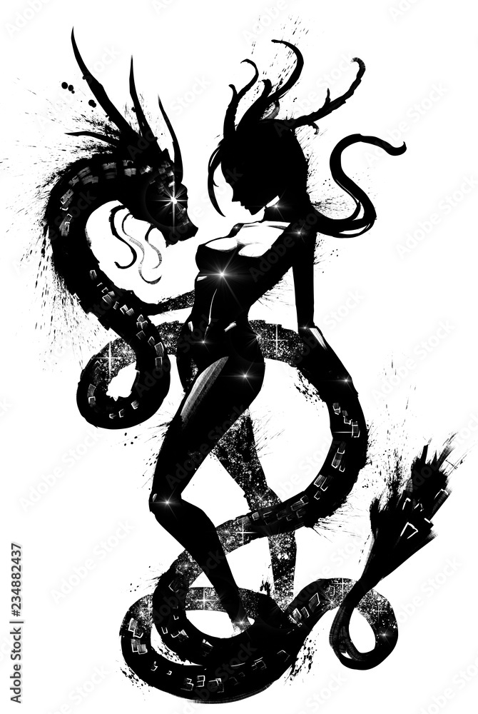 Naklejka premium A woman with a beautiful dragon
