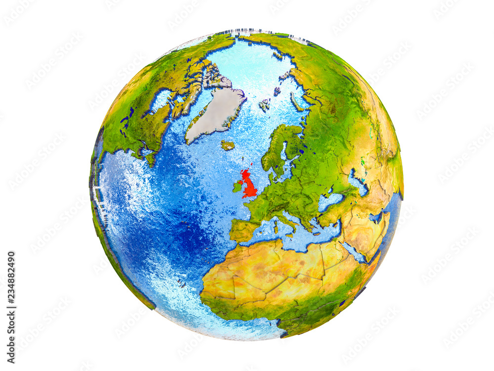 United Kingdom on 3D model of Earth with country borders and water in oceans. 3D illustration isolated on white background. United Kingdom on 3D model of Earth with country borders and water in oceans. 3D illustration isolated on white background.
