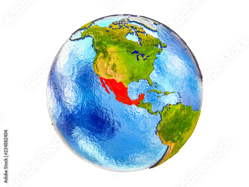 Mexico on 3D model of Earth with country borders and water in oceans. 3D illustration isolated on white background.