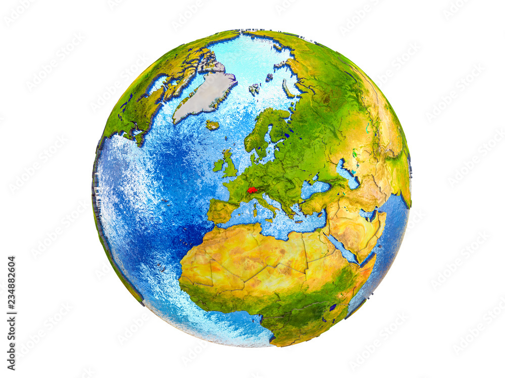 Switzerland on 3D model of Earth with country borders and water in oceans. 3D illustration isolated on white background. Switzerland on 3D model of Earth with country borders and water in oceans. 3D illustration isolated on white background.